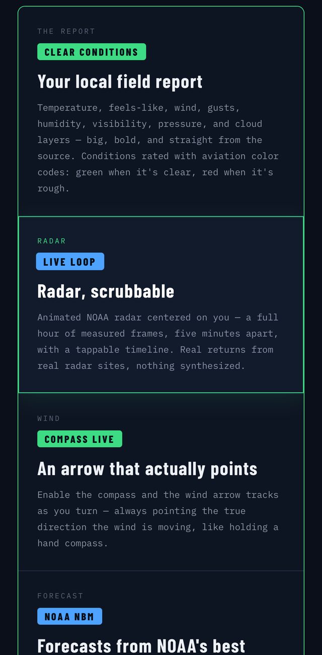 Fat Tail weather app marketing site on a phone